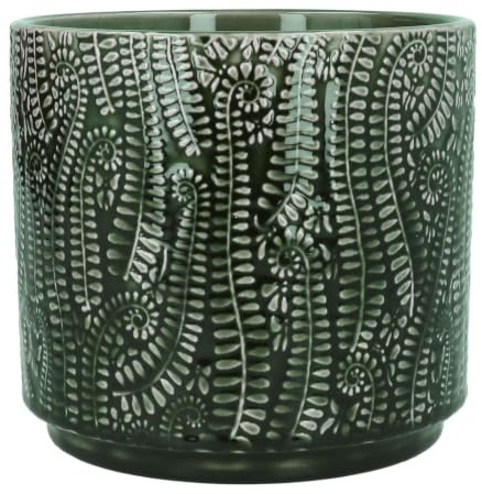 Large Dark Green Plant Pot, Large Green Fern Leaf Pattern Plant Pot Cover, Indoor Glazed Boho Pattern Houseplant Succulent Planter