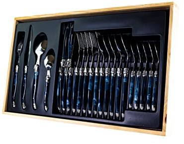 Pradel Excellence - 7214BIS - Ménagère 24 Couverts de Table Laguiole en Acier Inoxydable - Idée Cadeaux Crémaillère - Gris Marbré - Coffret en Bois pour 6 Personnes
