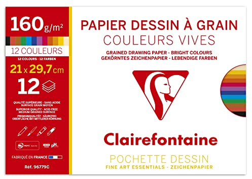 Clairefontaine 96779C - Pochette Dessin Scolaire - 12 Feuilles Papier Dessin à Grain Couleurs Vives Assorties - A4 21x29,7 cm 160g - Idéal pour les Arts Plastiques