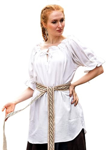 Leonardo Carbone® Damblus Verena | dragsko dekolleté | volangärmar | karneval, halloween, cosplay, LARP, medeltid, vikingare, kostym, tunika | 100 % bomull, Vit, XL