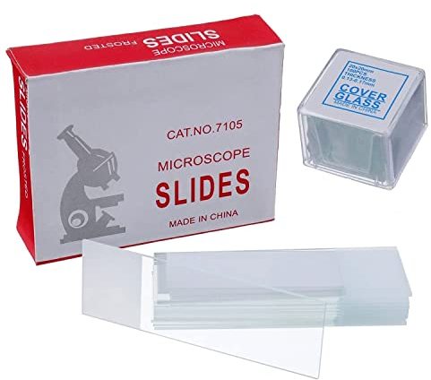 HUAREW 50 vorgereinigte Mikroskop-Objektträger mit geschliffenen Kanten und 100 vorgereinigte Mikroskop-Abdeckgläser mit 4 Kunststoff-Tropfen