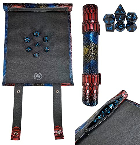 POWER BEAST Dungeon Würfelmatte, Im Schriftrollen Stil, Zum Aufrollen, mit Würfel Aufbewahrung + 7 Rollenspiel Würfel, Mit Polyedrische Würfel Set, Würfelteller, Dungeons and Dragons, D&D. (Dragon)