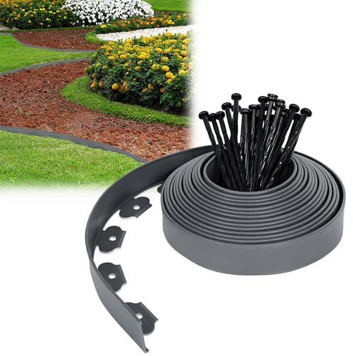 VA-Cerulean Kunststoff Rasenkante,10m,Grau,Flexible Beetumrandung mit 30 Erdanker für Gartenpflanzen und Gemüseanbau,Beeteinfassung Palisade,Gartenpalisade,Beetzaun,Randsteine