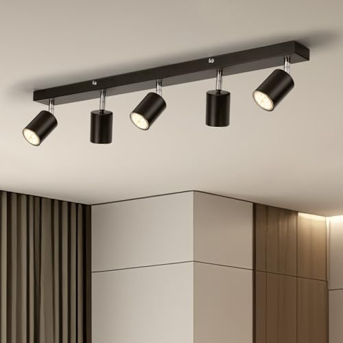 Gr4tec Spotlights Ceiling Lights 5 Way, Black Ceiling Lights Including 5 x 6W GU10 Bulbs Warm White 2700K 550lm, Rotatable Spotlight Bar, Modern Kitchen Light Fittings for Bedroom Living Room