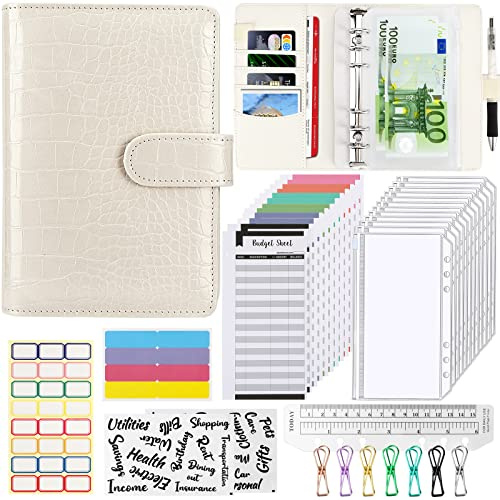 A6 Budget Binder Budget Planner, 37Pcs 6 Löcher Ringbuch Notizbuch mit Binderumschlägen, Budgetblätter, Etikettenaufklebern, Herrscher, Geld Aufbewahrung ​Sparbuch für Reisen und Tagebuch（Weiß）