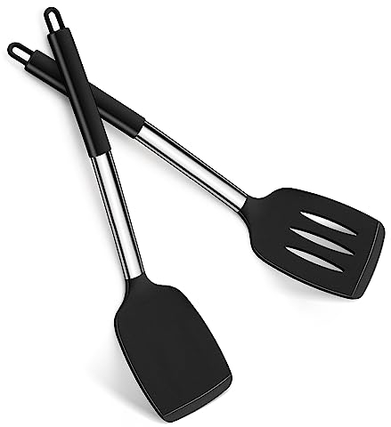 Pfannenwender, Joyfair 2 Stück Silikon Küchenhelfer Spatel Set, Pfannenwender Set mit Griff aus Edelstahl, Hitzebeständig Küchenutensilien für Kochen/Backen/Wenden, Spülmaschinenfest - Schwarz