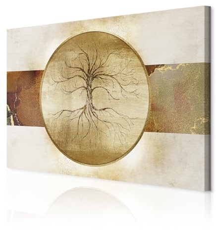 decomonkey Tableau Acoustique Arbre 90x60 1 Pièce Impression sur Toile | Décoration Maison, Isolation Peinture Image Phonique, Déco Bureau, Abstraction arbres cercles nature texture fond doré