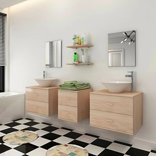 IKAYAA Conjunto 7 Piezas de Muebles de Baño Suspendido Con 2 Lavabos, Espejo, Beige