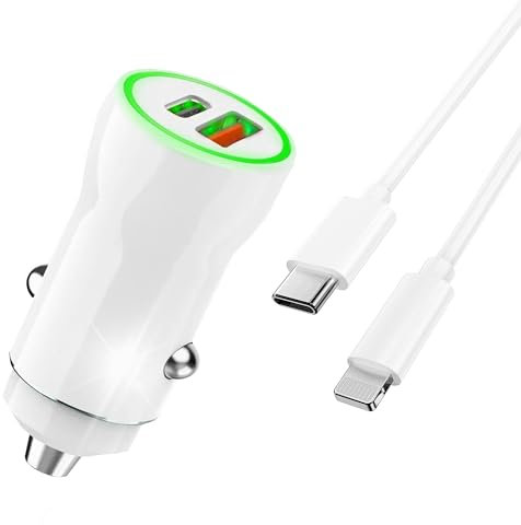 MUTTO Pack Mini Cargador Coche iPhone, Cargador Coche USB C + USB A con Cable Lightning, Puerto Dual QC3.0 5V/2.4A, Cargador Adaptador Mechero 2 Puertos USB Tipo C y A, para Móvil iPhone y iPad
