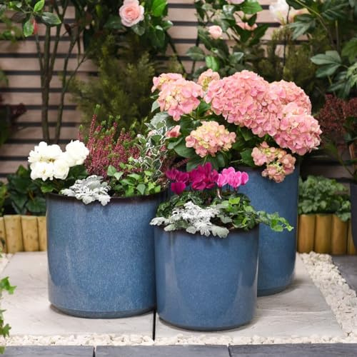 Garden Gear Blue Glazed Cylinder Planters 26cm 31cm & 36cm Diameter Flower Pots Indoor and Outdoor Patio Pathway Durable Pot