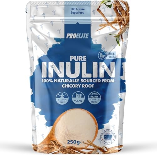 Pure Inulin Powder Prebiotic Soluble Fibre Powder - Vegan, GMO Free, Gluten Free Made in EU from Natural Chicory Root Fructo OligoSaccharide FOC Powder by PROELITE (250g)