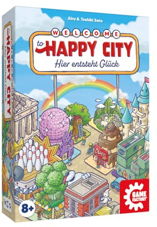 Game Factory 646084 Happy City, Legespiel ab 8 Jahren, Familienspiel | für 2-5 Spieler, Kartenspiel, Städtebauspiel