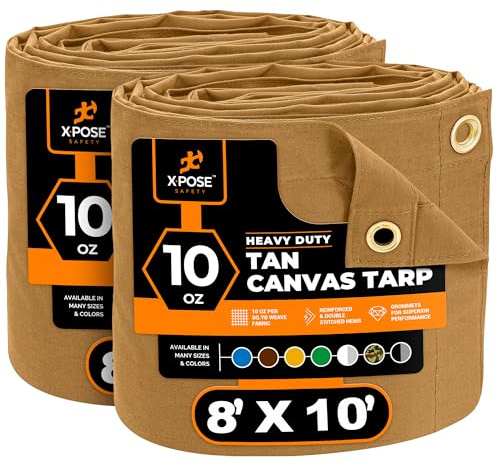 Xpose Safety Canvas Tarp - 10oz Tan Canvas Tarps Heavy Duty Water Resistant with Brass Grommets- Multipurpose Outdoor Tarpaulin for Camping, Canopy, Trailer, Equipment Cover 8' x 10' (2 Pack)