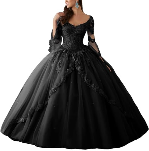 HUINI Ballkleider Lang Spitze Brautkleider Langarm Quinceanera Kleider V-Ausschnitt Prinzessin Hochzeitskleider Schwarz 58
