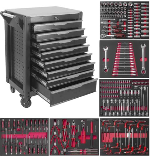 JOMAFA Carro de Taller 8 cajones con Herramienta y Bandeja de Acero Inoxidable, 6 MODULOS EVA Rojo