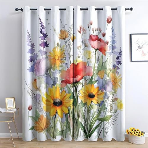 MLUNKQAIL Schallschutz Vorhang Blumen Gardinen Wohnzimmer Gelbe Blume Verdunklungsvorhänge mit Ösen, Vorhang Blickdicht Schlafzimmer Dekoration, 2er Set, 140 x 200 cm (BreitexHöhe)