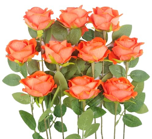 Kenpal Realistic Fake Roses Artificial Flowers with Stem for Decoration Floral Arrangement Centerpieces Wedding Bouquets (10, Orange)