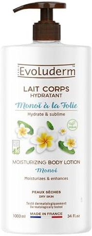 EVOLUDERM - Lait Corps Hydratant Monoï à la Folie - 1000 ml - Ingrédients d'Origine Naturelle - Végan - Fabrication Française