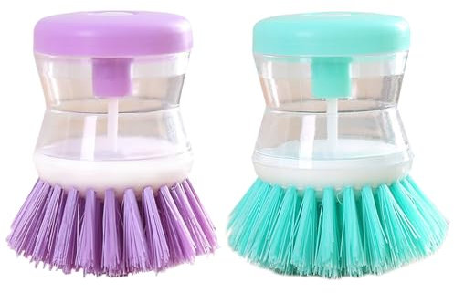 GmwyCzV 2 Piezas Cepillo para Fregar Platos,Cepillo de Cocina con Dispensador de Jabón,Cepillos Rellenable de Jabón,Cepillos Fregar Platos para Cocina,Baño,Fregadero,Ollas,Platos (Azul y Morado)