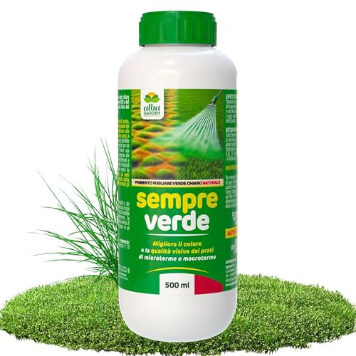 Albagarden - Sempre Verde - Concime Rinverdente Prato, Pigmento Fogliare + Protezione Solare E Termica - Contro Ingiallimenti E Macchie - Per Tappeto Erboso - Verde Chiaro Naturale X 500 Ml