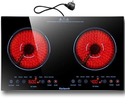 Karienvir Placa vitrocerámica 2 fuegos 3600W, placa portátil, calefacción por infrarrojos, bloqueo de seguridad para niños, temporizador con enchufe，8 velocidades，Embellecedores azules