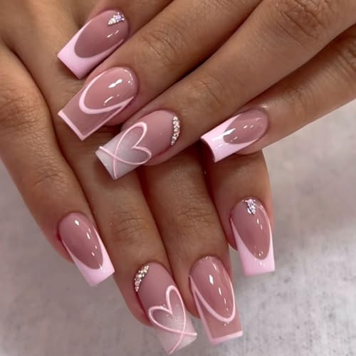24PCS Pink Coffin Press On Nails with Heart & Glitter Design - French Gradient Glossy False Nails, Reusable Stick-On Tips for Women and Girls, DIY Art Kit with Rhinestones, Easy Application,