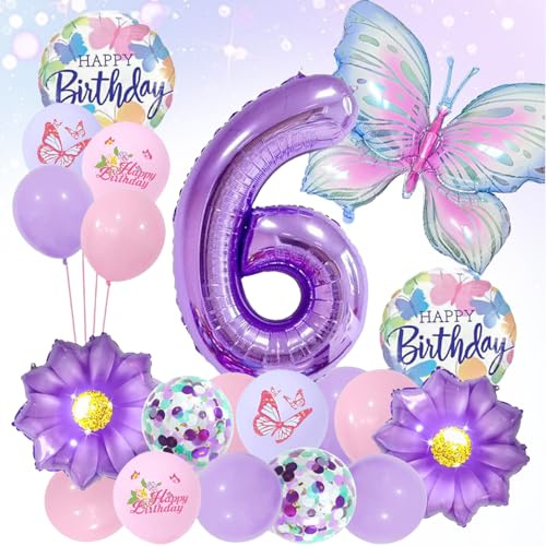 LUMOOM Mariposa decorativa cumpleaños niña 6 años globos decoración de cumpleaños mariposas globo de papel de aluminio globos de números lila fiesta cumpleaños infantil decoración para niños