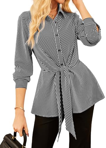 GRACE KARIN Damblus randig långärmad knappskjorta arbetsskjorta slips fram peplum topp, Svart, XXL