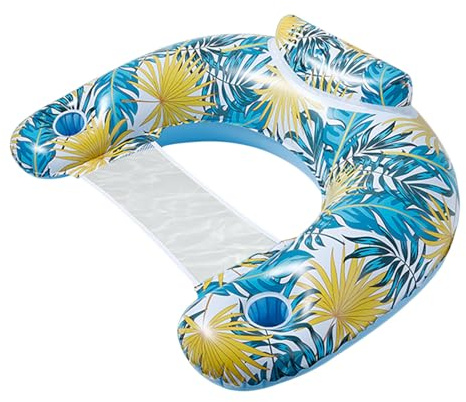 Inflatable Pool Swimming Chair, Float, Inflatable Pool Chair, Semi-Diving, Inflatable Swimming Chair with Drink Holder, PVC, Single Layer, Large, Hawaiian Style, for Beach Party, Pool, Adults