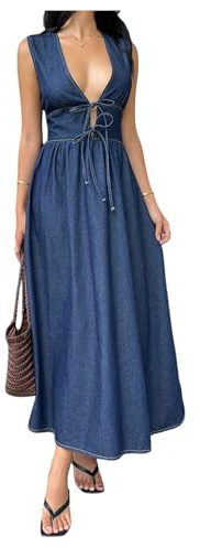 Milumia Women's Sexy Deep V Neck Denim Tank Dress Tie Front Ruffle A Line Long Jean Dresses Blue Large