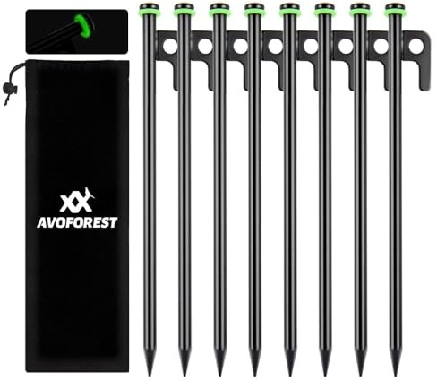 AVOFOREST 8Inch Heavy Duty Tent Stakes,8 PCS Tent Pegs Metal+Fluorescent Silicone Rings+ Storage Bag for Camping