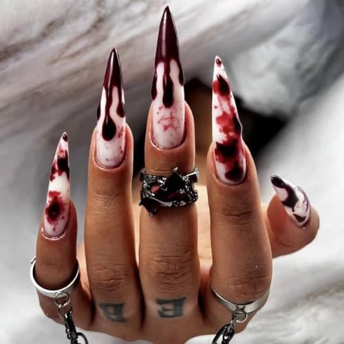 MouyouGlow Press on Nails Lang,Stiletto Halloween Dunkel Rot Blood French Horror Creepy Vampire Bloody Design Fake Nails,Dark Red Tips Scary Artificial Fingernails