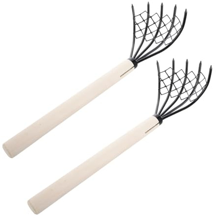 TOBBOMEY Rastrello a 5 Artigli in Ferro con Manico in Legno per Scavare Conchiglie e Frutti di Mare sulla Spiaggia, Set da 2 Strumenti Affidabili e Leggeri per Raccolta Mare e Giardinaggio