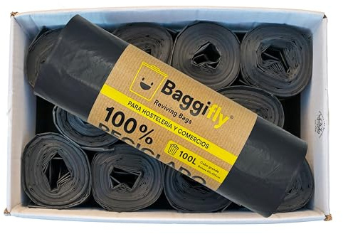 Baggifly, Bolsas de Basura 100L, 260 Bolsas Súper Resistentes, 100% Recicladas, ECO Friendly, Hostelería, Comercios y Jardinería, Pack 26 x 10, Fabricado en España