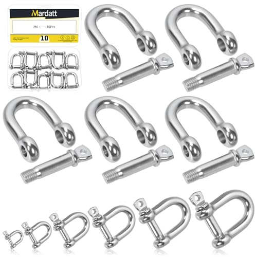 Mardatt 10PCS M6(1/4) 304 Stainless Steel D Ring Shackles, Silver Screw Pin Anchor Bow Shackle, Marine Grade Clevis Shackle for Heavy Duty Tow Strap Construction or Wire Lifting Outdoor Camping Rope