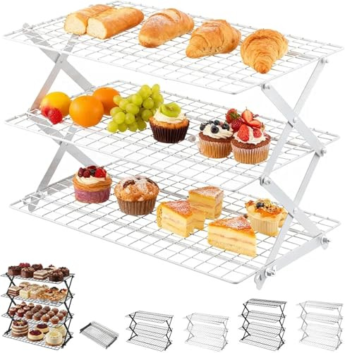 3/4-Tier Cooling Rack with Adjustable 3 4 Tiers Rose Gold, Folding Cooling Grid, Adjustable Stackable Roasting Cooking Drying Wire CoolingRack for Cookies Baking (Silver-3 Tiers)
