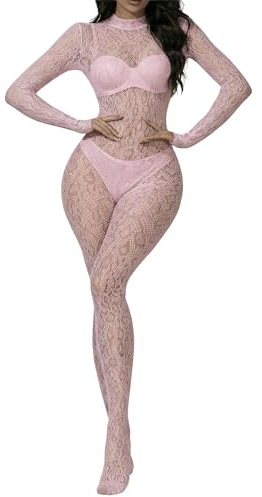 Eagerlove Body de Red Mujer Body de Encaje Leopardo Mono de Cuerpo Completo One Piece Lingerie de Malla para Fiesta Club Rosa Talla Única