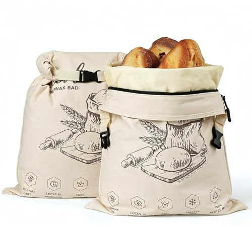 Bienenwachs Brotbeutel, 2 Stück Brotbeutel mit Bienenwachs, Wiederverwendbare Brotsack Leinen Baumwolle, Brotsack zum Frischhalten für Brotaufbewahrung, Bread Bag mit Handgriff Reißverschluss (Beige)