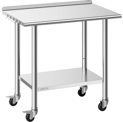 VEVOR Tavolo da Lavoro in Acciaio Inox Ristorazioni Carico 227 kg, Tavolo da Cucina 915 x 610 x 894 mm con Ruote Alzatina da 30 mm, Banco da Cucina per Preparazione Ripiano Sotto 191 kg, Ristorante