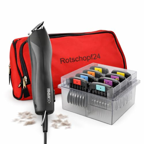 Rotschopf24 MAX50+ Tier Schermaschine Tasche & 8 Metallaufsteckkämme | Leise Hundeschermaschine, 2 Geschwindigkeiten, automatischer Drehzahlregelung. Kraftvoll + präzise. Für Wahl Liebhaber.