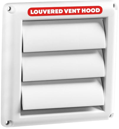 Deflecto Supurr-Vent 4” Outdoor Dryer Vent Cover White Louvered Wall Hood with Gravity Damper for Backdraft Prevention, Fits Standard 4” Dryer Exhaust Pipe, Weather & UV-Resistant, Durable 6x6 Face