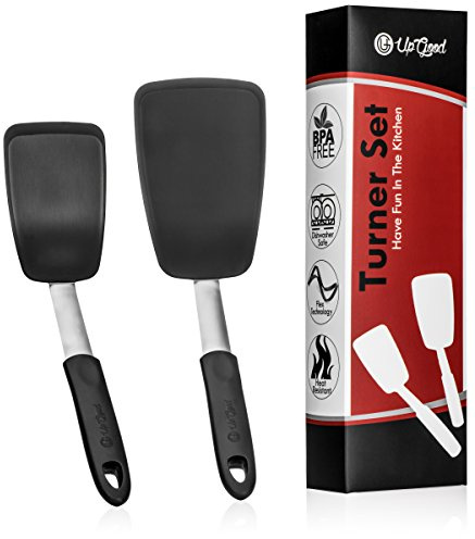 UpGood 2 Pack Flexible Silicone Spatula Turner Set, Non-Stick 600F Heat Resistant, Perfect for Flipping Crepes, Burgers, Eggs and Many More Cooking Tasks, ( 1 Small, 1 Large, Black )