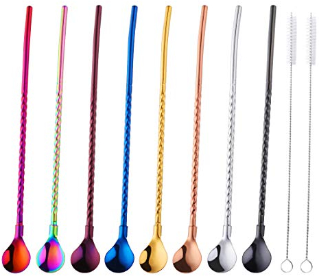 Buyer Star Metall Löffel mit Strohhalm, 8 Stück Edelstahl Trinkhalm Löffel, Wiederverwendbare Strohhalme Löffel Cocktaillöffel mit 2 Reinigungsbürsten Länge 8,5 Zoll