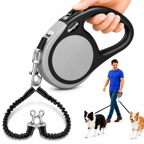 Double Retractable Dog Leash for Two Dogs Up to 110 lbs - 16 ft Coupler Leashes for Small Medium Dogs - One Locked System, Non Slip Grip, Tangle Free (Grey)