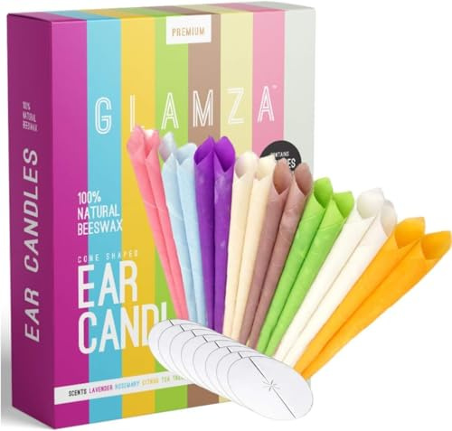 Ear Candles GLAMZA Premium Hopi Ear Candles for Blocked Ears - All Natural Ear Wax Remover 100% Organic Ear Wax Candles - 8 Pairs of Beeswax Candles & 8 Discs for Safe, Effective Hopi Ear Candling
