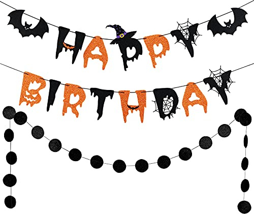 Halloween-Geburtstagsdekorationen- Happy Birthday-Banner, schwarz und orange, Glitzer und schwarze Glitzerkreis-Punkte, Girlande, Fledermaus-Dekorationen, Kamin, Kaminsims