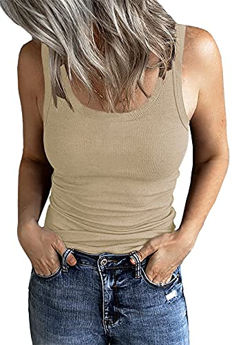 GEMBERA Linne med djup rund halsringning för damer, ribbstickad, figurnära bastopp, ribbat linne, ärmlös t-shirt, M