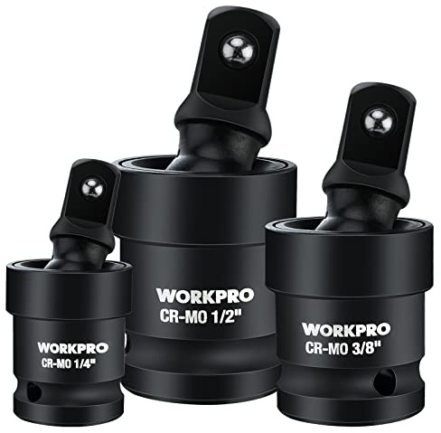 WORKPRO Impact Universal Joint Set, 3 Piece-1/2, 3/8, 1/4Inch Drive Swivel Socket Set, Socket Adapter Set, Premium CR-MO Steel, Impact Grade, 360 Degree Rotation for Various Angles