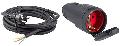 as - Schwabe Gummi-Anschlussleitung, 3m H05RN-F 3G1,0 Verbindungskabel, Schutzkontaktstecker mit Leitung, mit Aderendhülsen, 230V, 16A, IP44, Schwarz, 60376 & Gummi-Kupplung, mit Schutzkappe, Schwarz