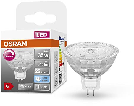 OSRAM Lampada a riflettore Superstar, GU5.3-base vetro trasparente ,Bianco freddo (4000K), 345 Lumen, sostituzione delle lampade 35W, dimmerabile, 1-Confezione